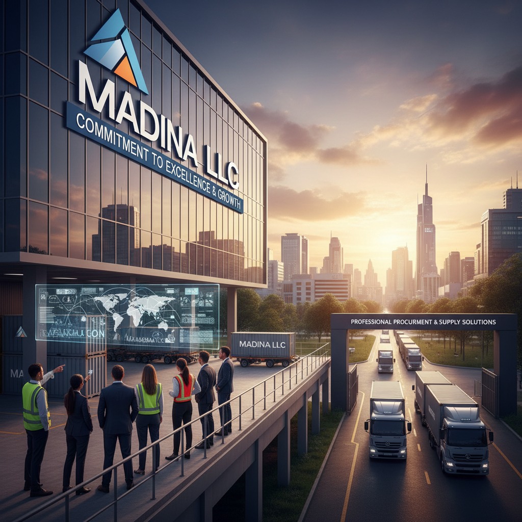 A team of professionals in business attire and safety vests stands on a balcony overlooking a logistics facility with trucks entering a gate and a digital world map display.