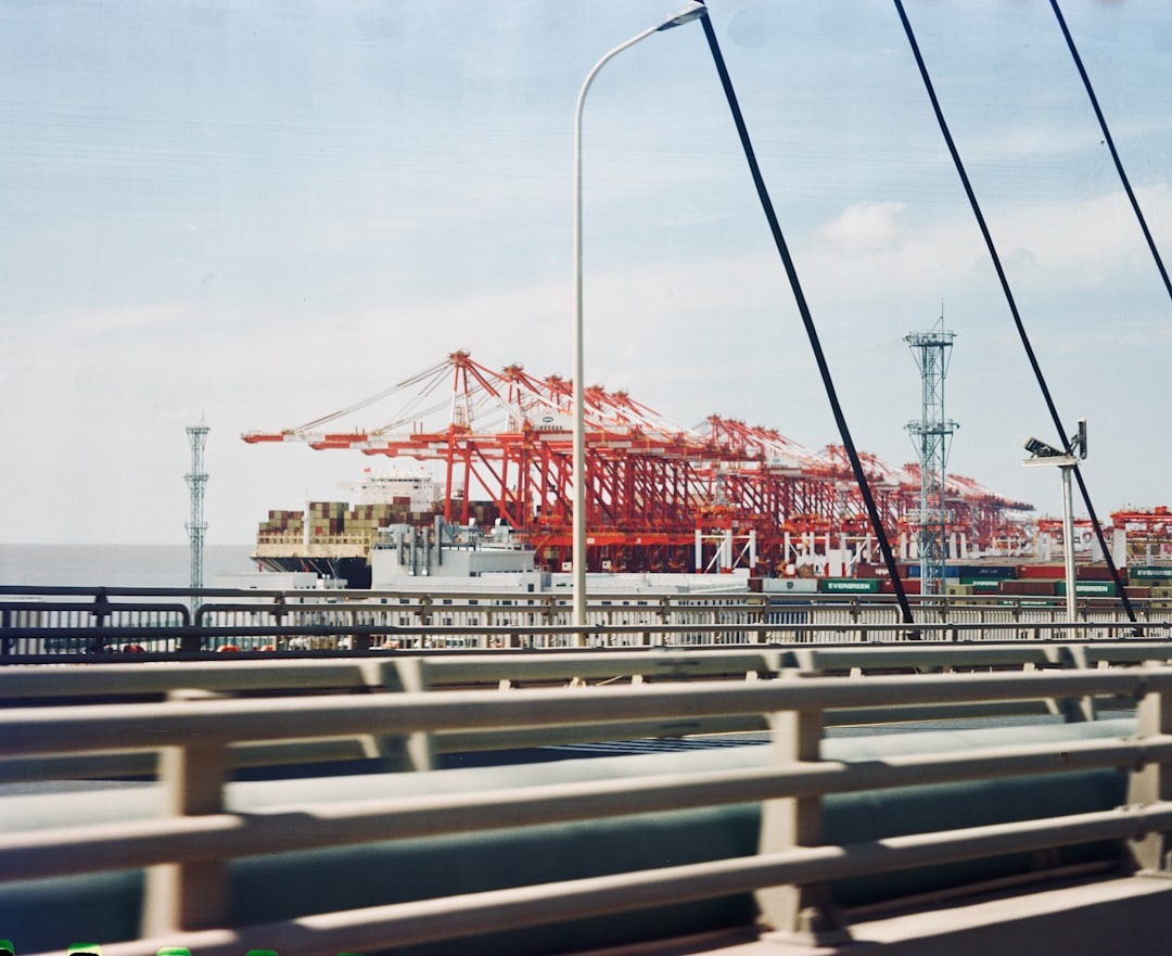 Container ship serviced by red gantry cranes at busy port.